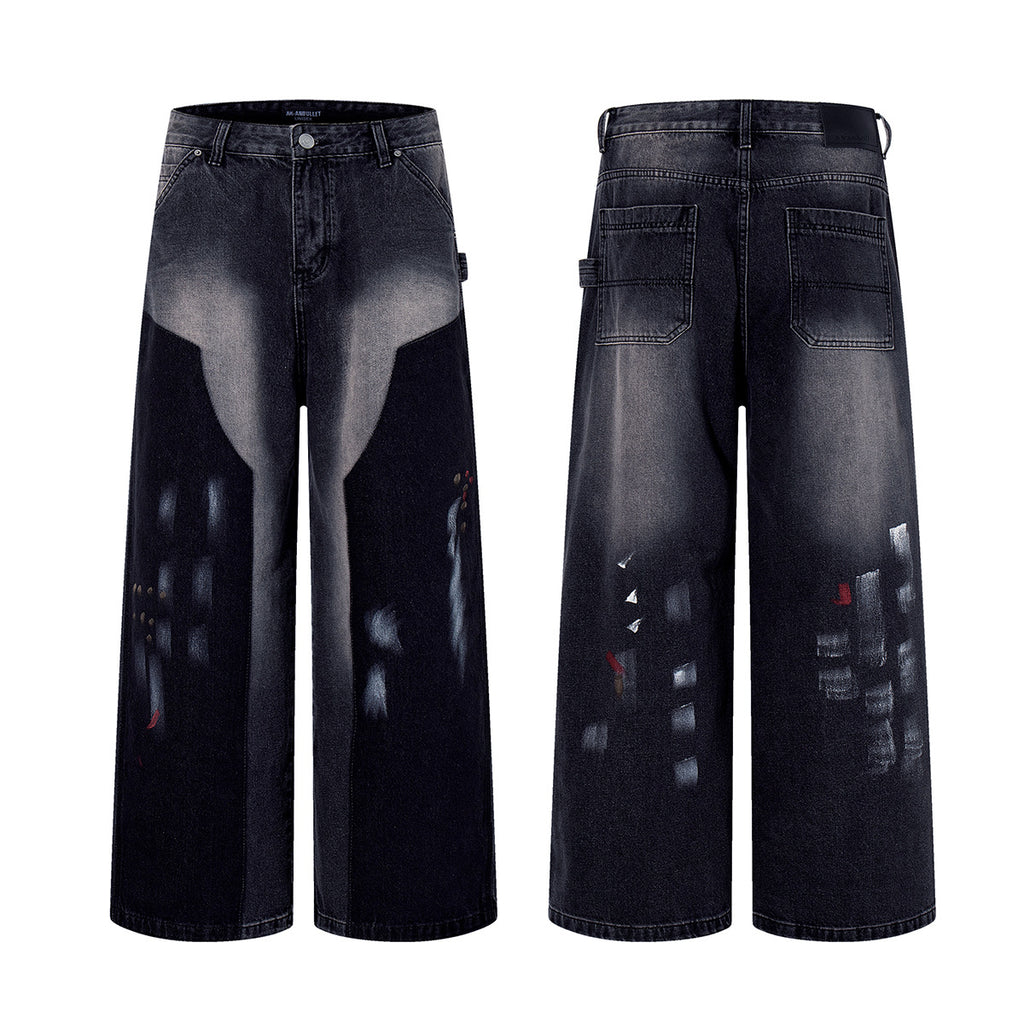 Washed graffiti jeans wide leg pants