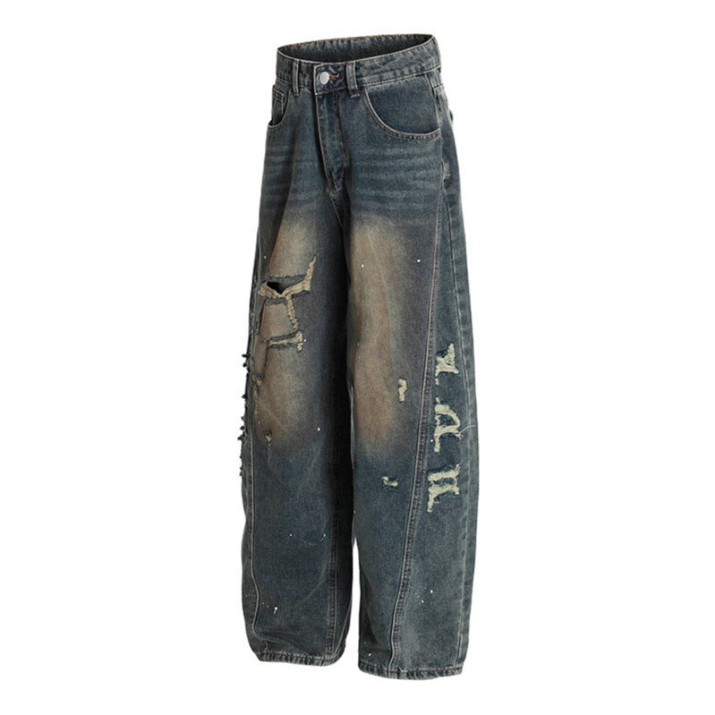 Washed distressed wide leg jeans
