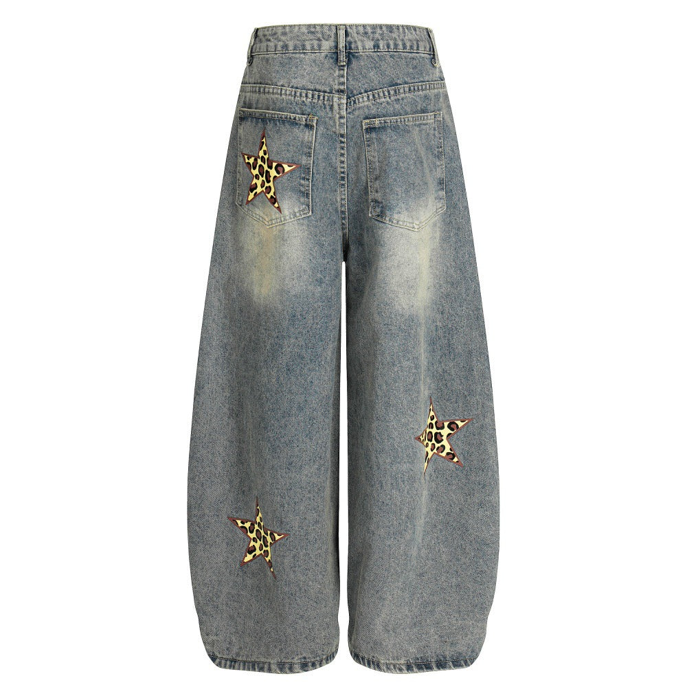 Leopard print letter curved knife jeans