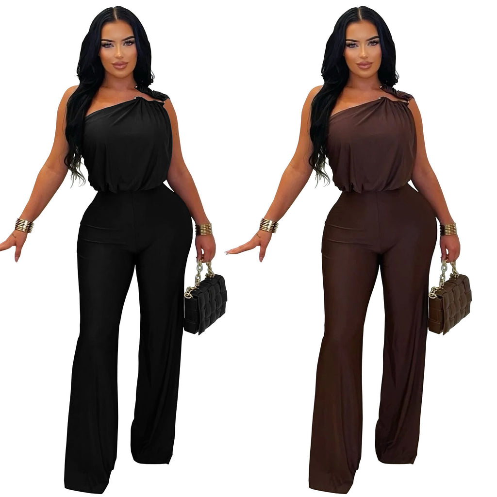 Fashion Women's Casual Off-Shoulder Sleeveless Bodycon Wide-Leg Jumpsuit