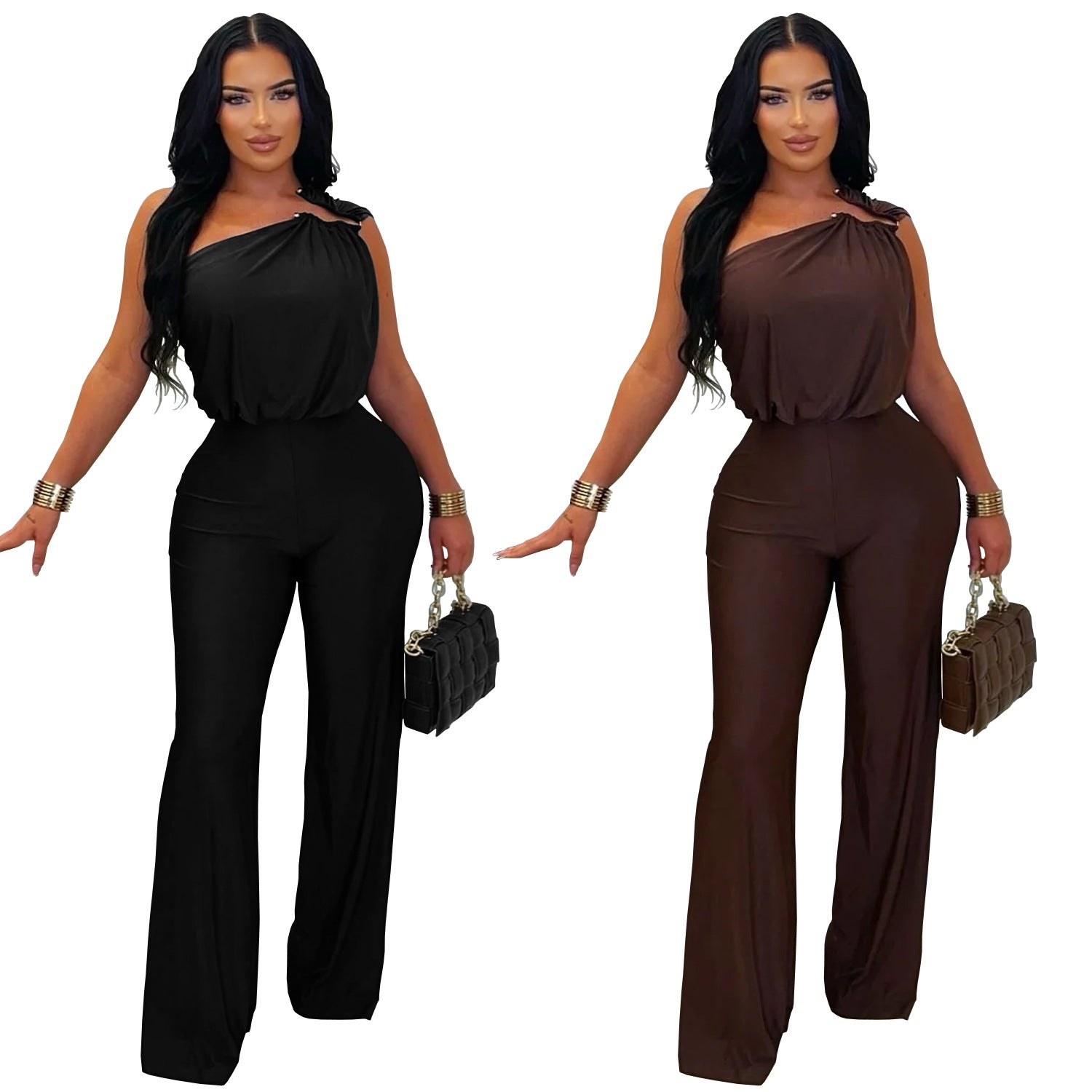 Fashion Women's Casual Off-Shoulder Sleeveless Bodycon Wide-Leg Jumpsuit