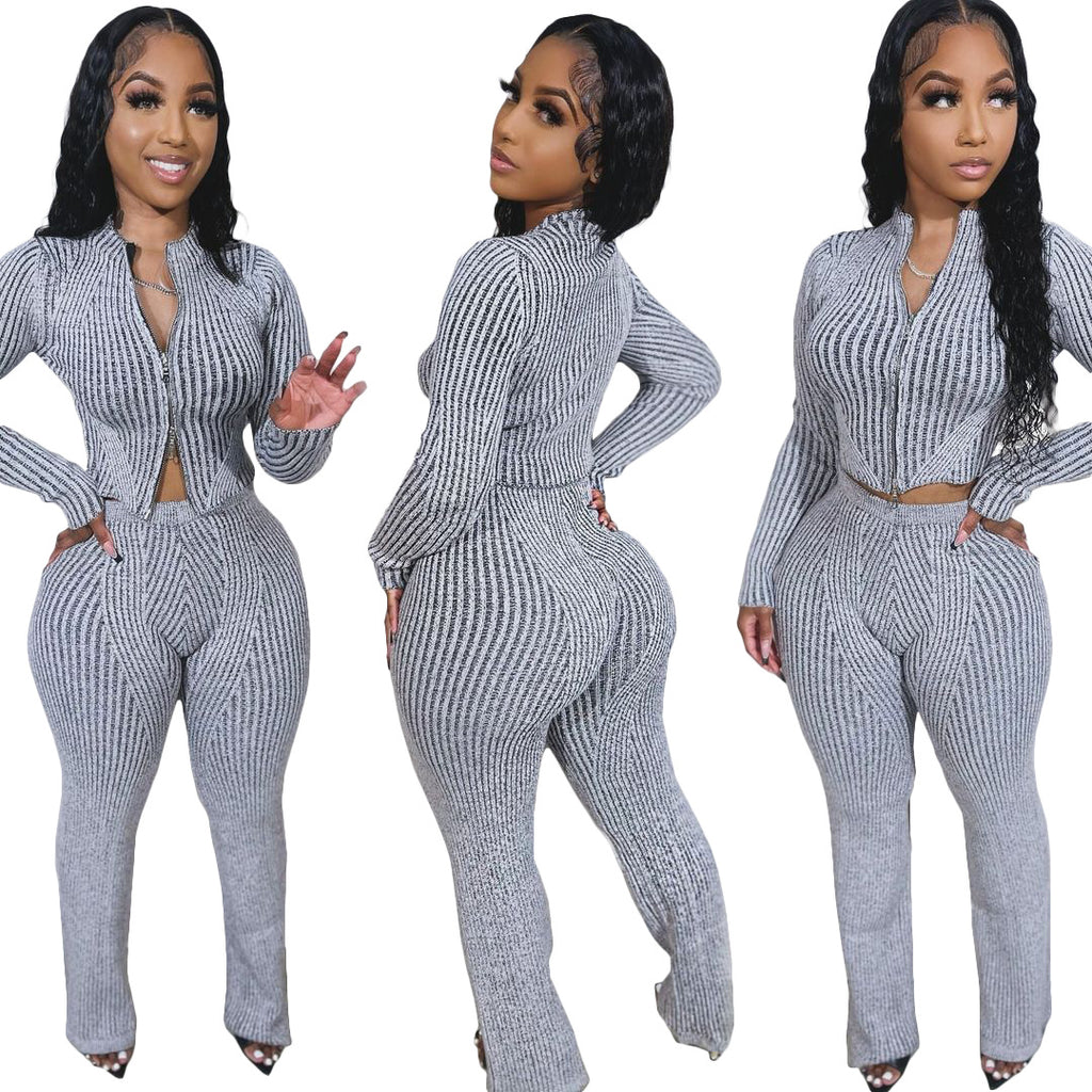 Fashionable Casual Women's Knit Sweater with Two-Way Zipper Urban  Autumn/Winter Outfit Set