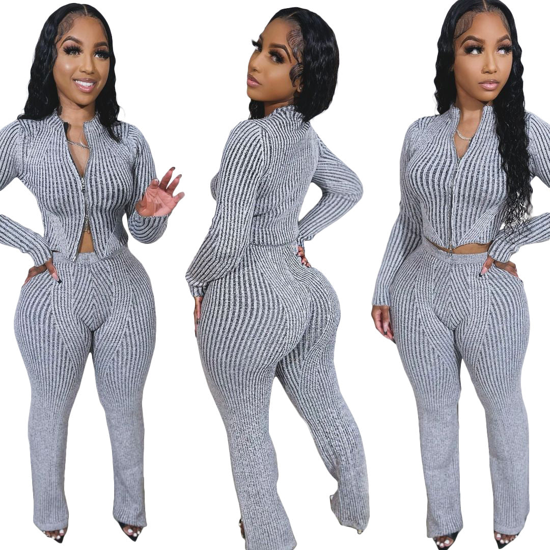 Fashionable Casual Women's Knit Sweater with Two-Way Zipper Urban  Autumn/Winter Outfit Set