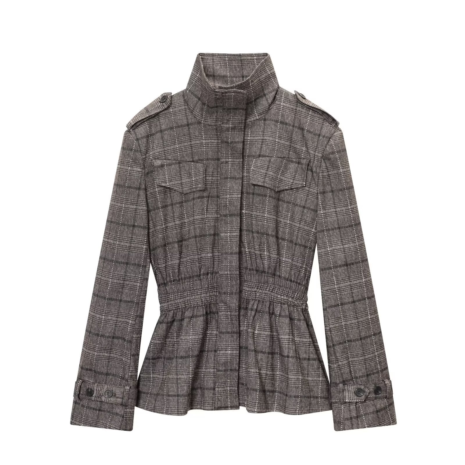 Grid patterned lotus leaf hem jacket+balloon version pants
