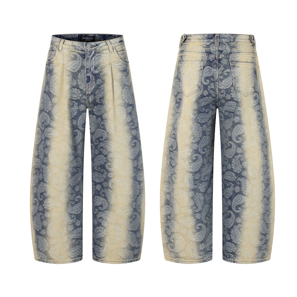 Jacquard gradient washed denim jeans with curved edges and wide legs