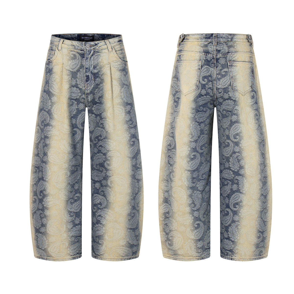 Jacquard gradient washed denim jeans with curved edges and wide legs