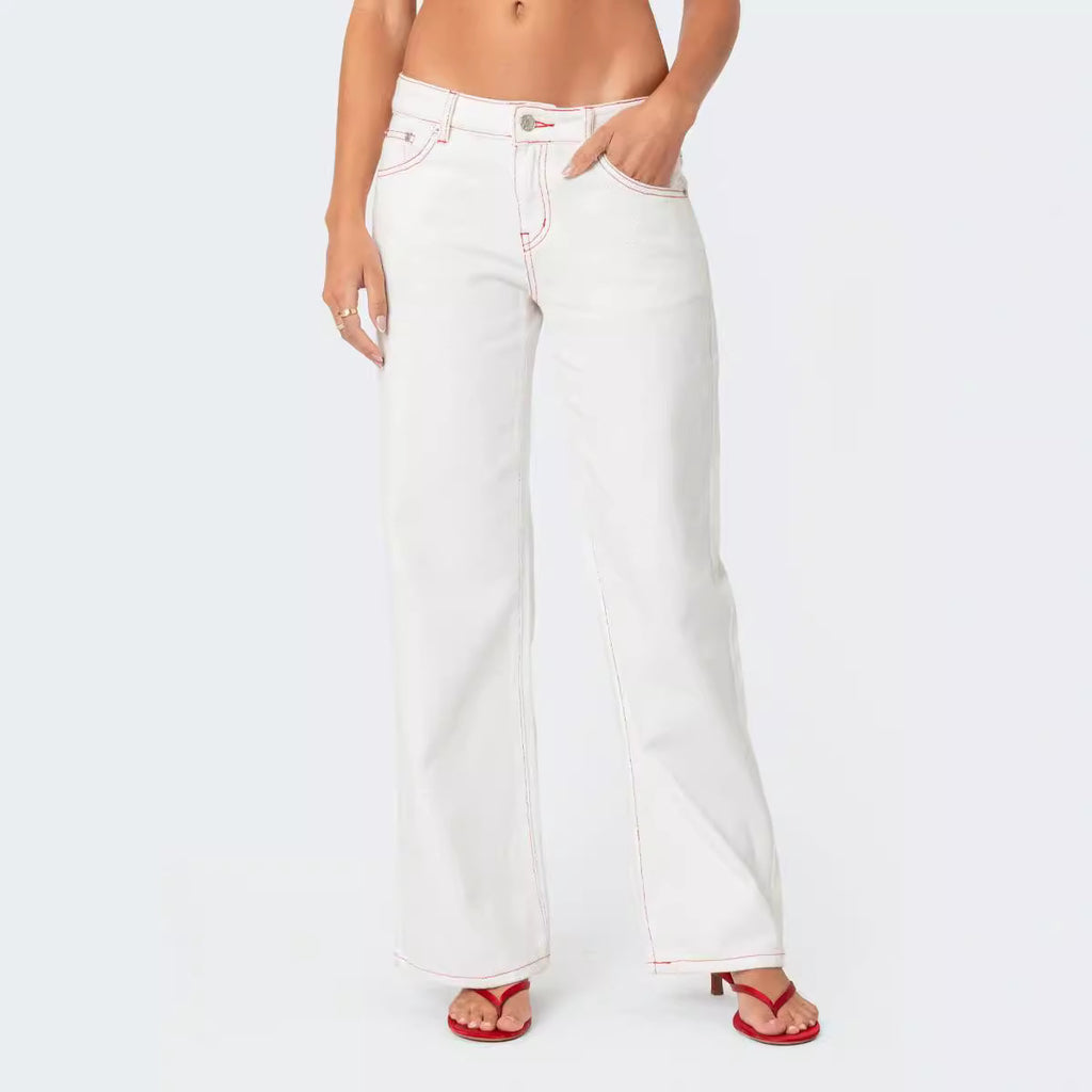 Denim bow strawberry patch straight leg low waist loose jeans