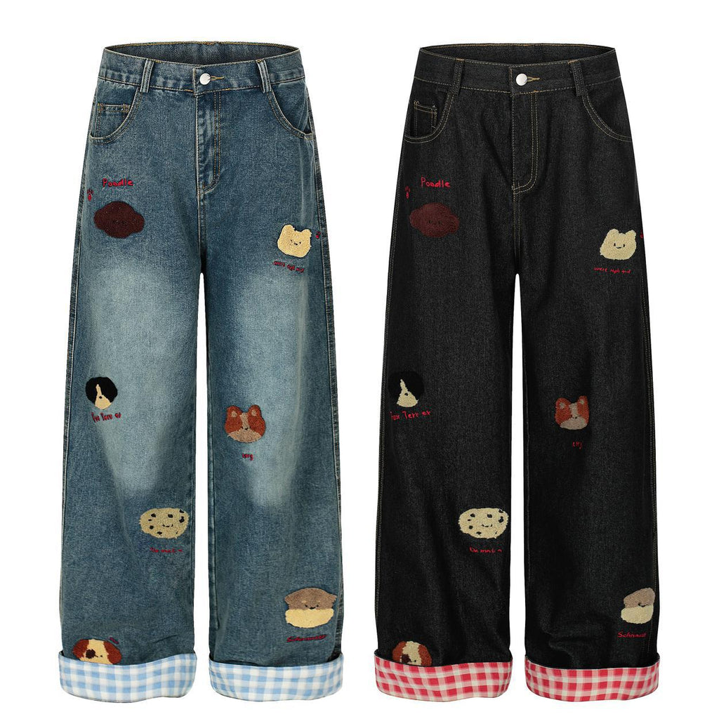 Washed vintage puppy embroidered lazy jeans