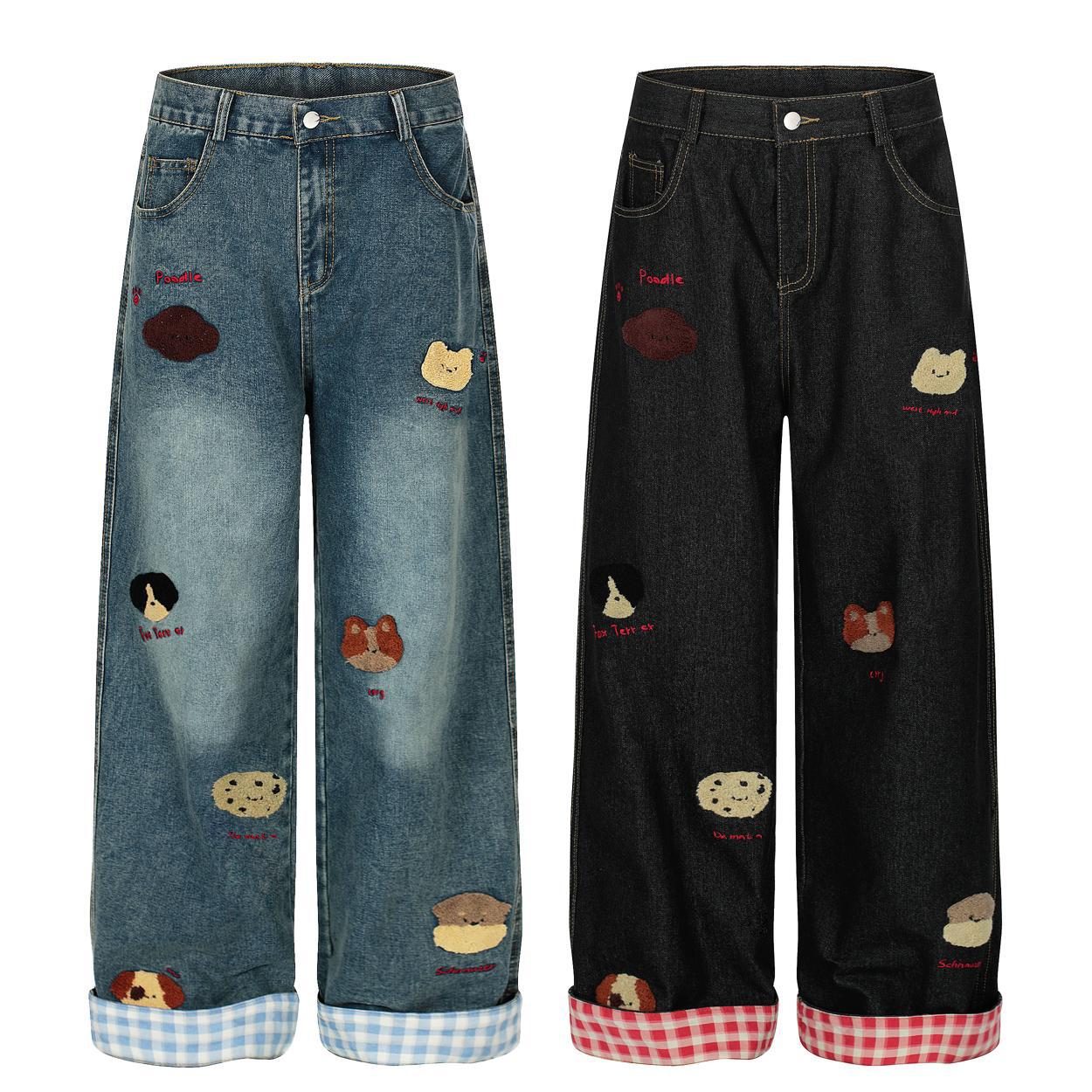 Washed vintage puppy embroidered lazy jeans