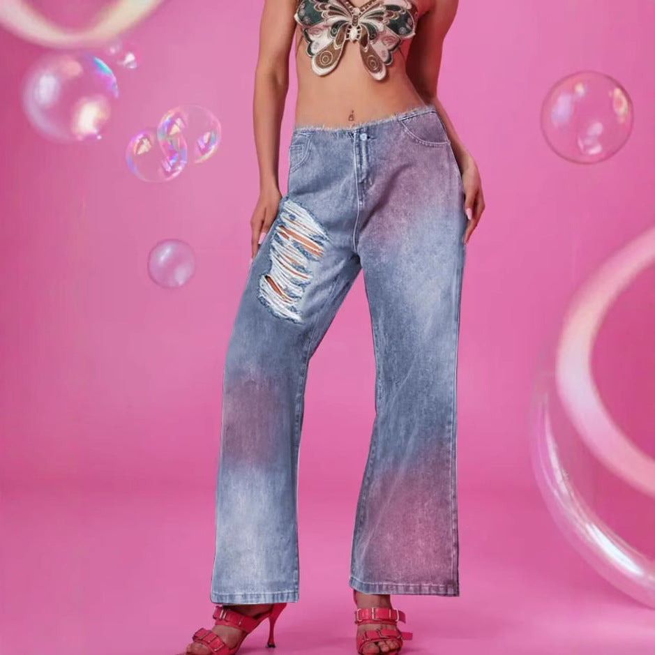 Tie dye ripped straight leg micro flared pants casual jeans