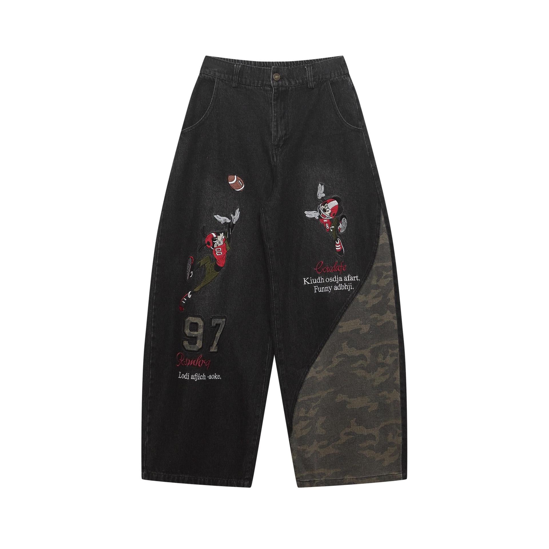 Retro cartoon embroidered patchwork jeans