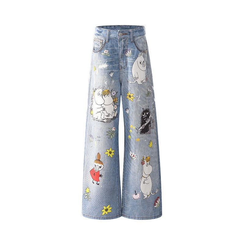 Women's Cartoon Wide-Leg Jeans Unique Design Loose Straight Pants