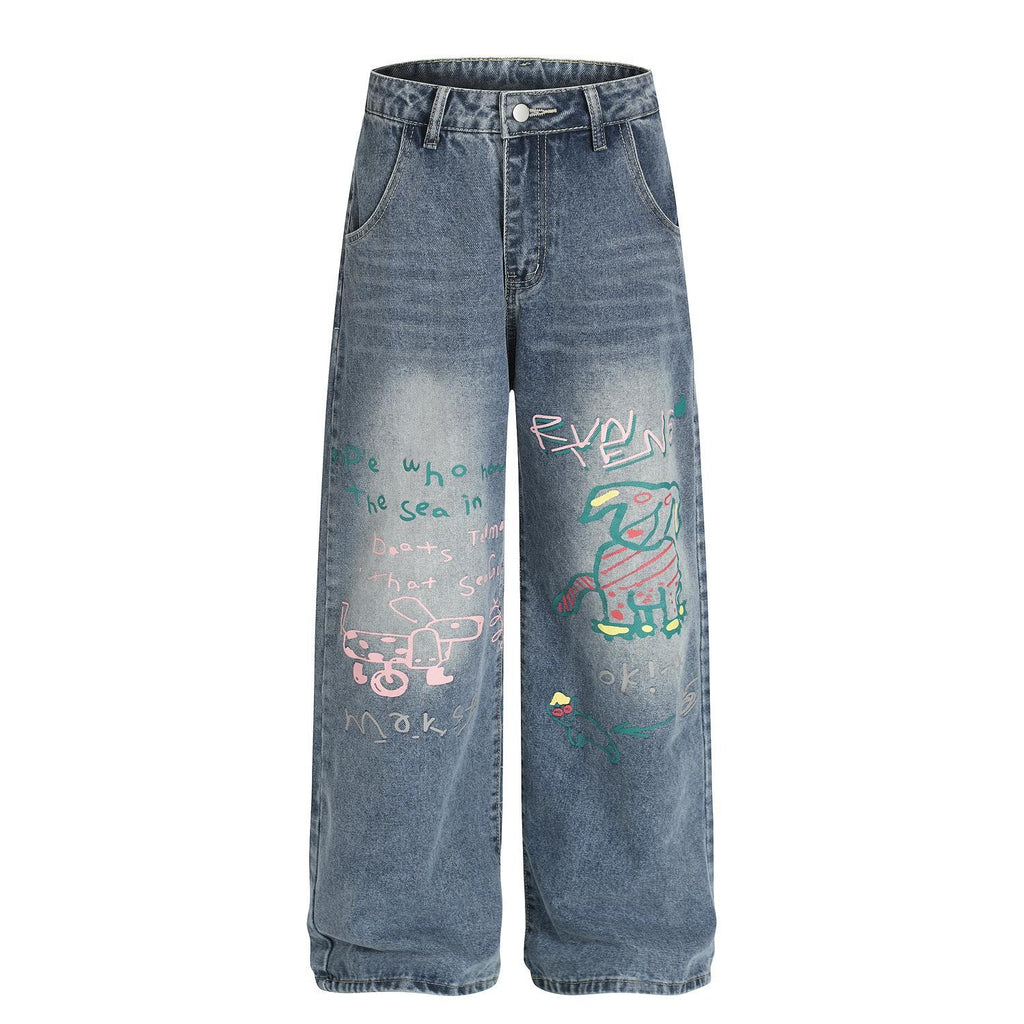 Fun retro graffiti puppy print jeans