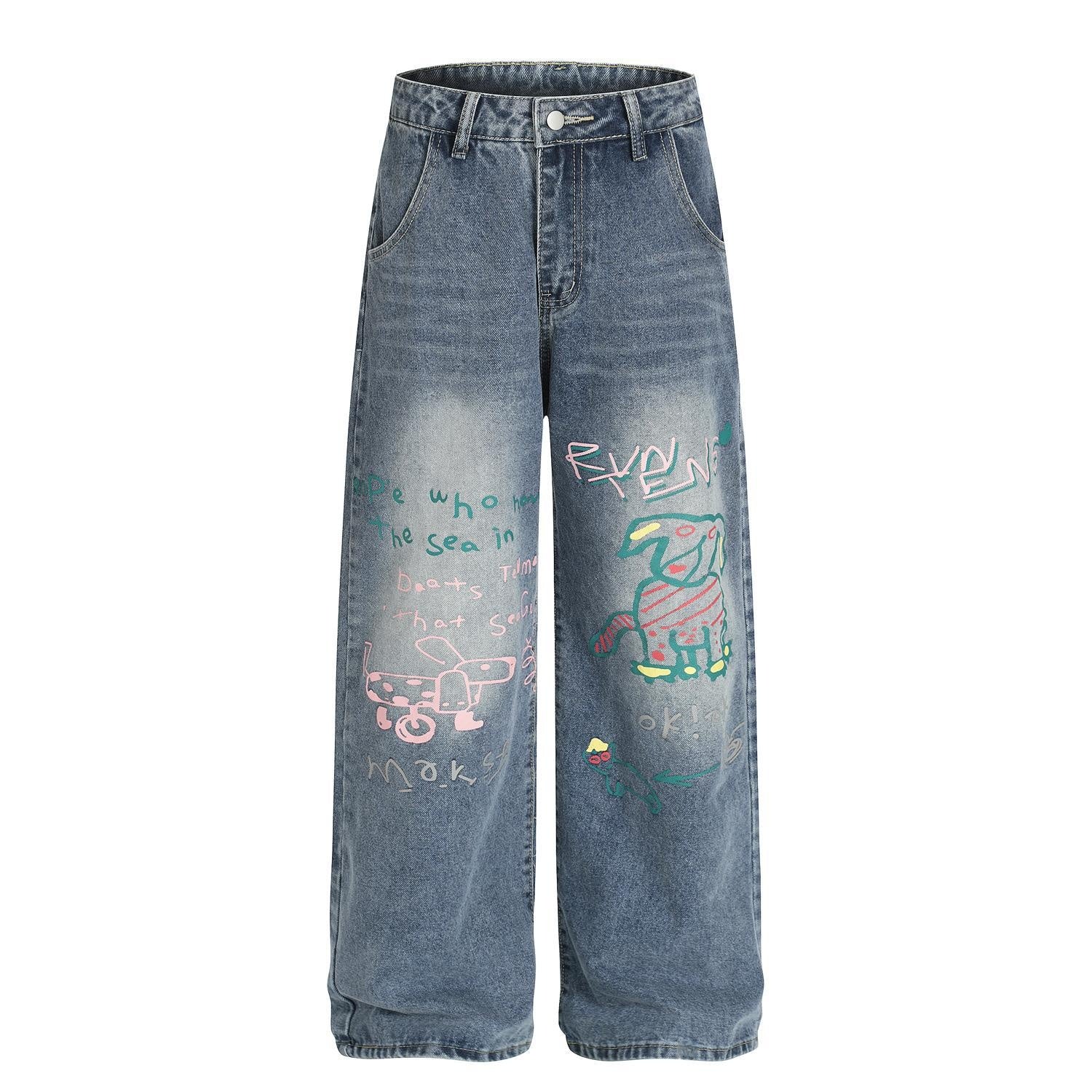 Fun retro graffiti puppy print jeans