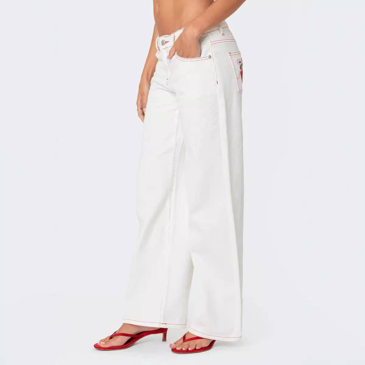 Denim bow strawberry patch straight leg low waist loose jeans
