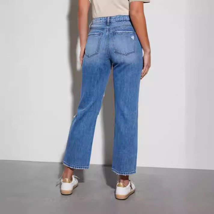 Ripped straight leg slim fit cropped jeans