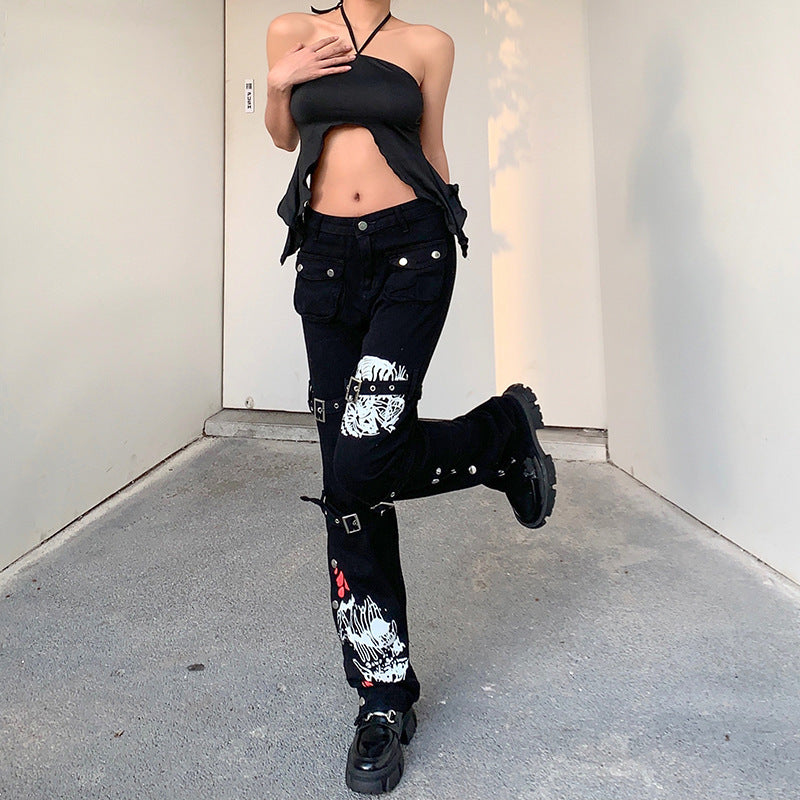Metal buckle contrasting print high waisted workwear jeans for women