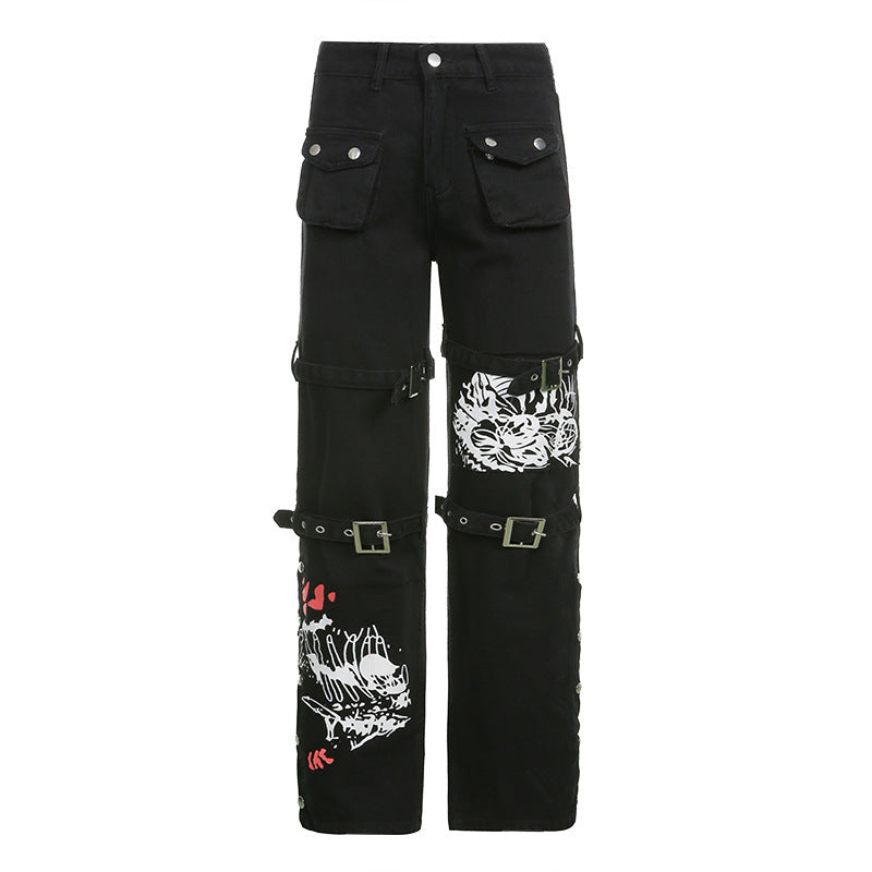 Metal buckle contrasting print high waisted workwear jeans for women
