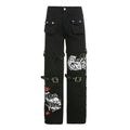 Metal buckle contrasting print high waisted workwear jeans for women