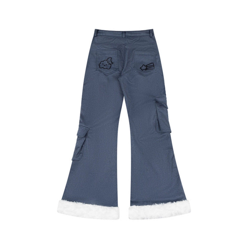 Flared Jeans with Cartoon Embroidery Multi-Pocket Raw Hem Long Pants