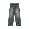 Loose distressed scratched straight leg jeans