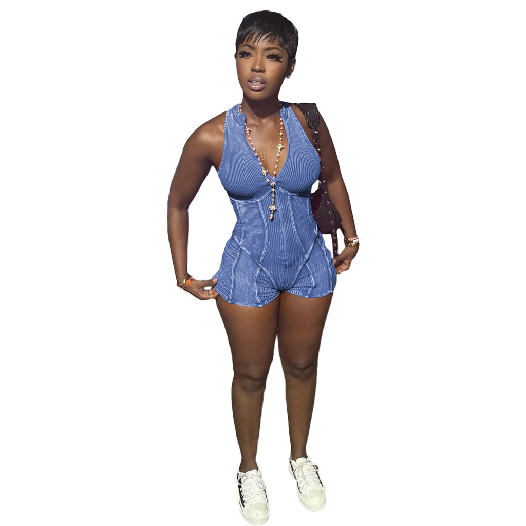 Sexy Fashion Casual Ripped Washed Zipper Jumpsuit for Women