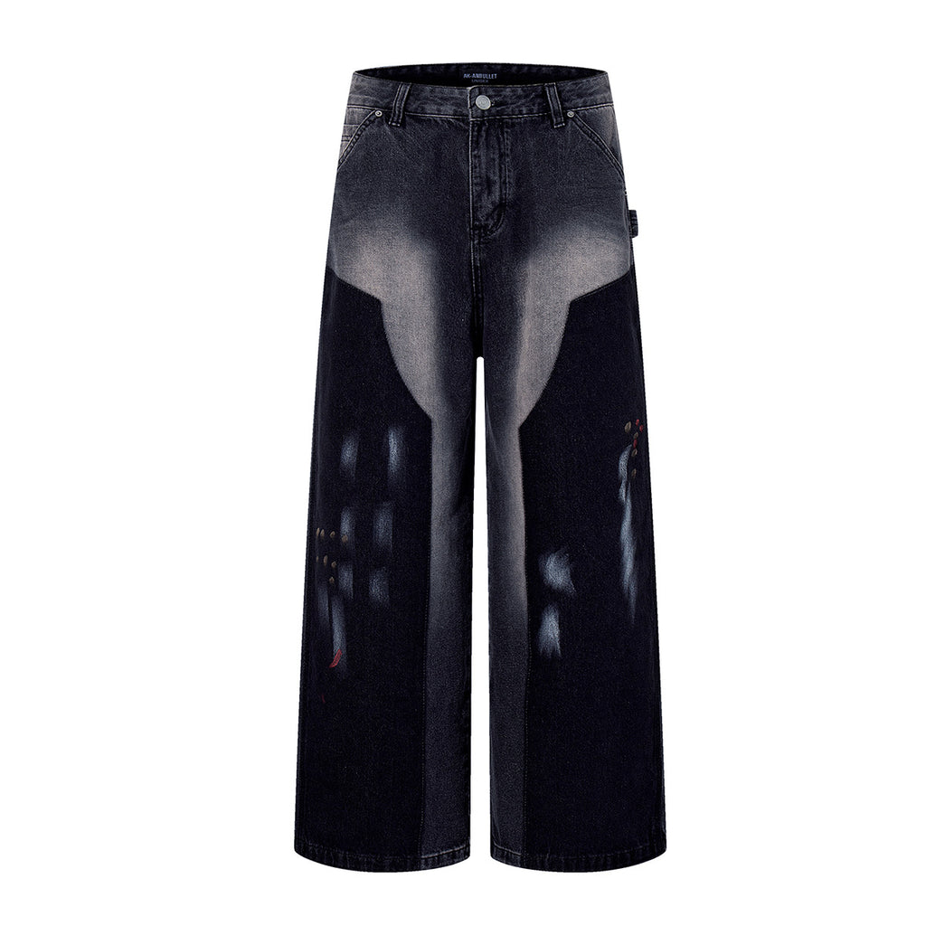Washed graffiti jeans wide leg pants