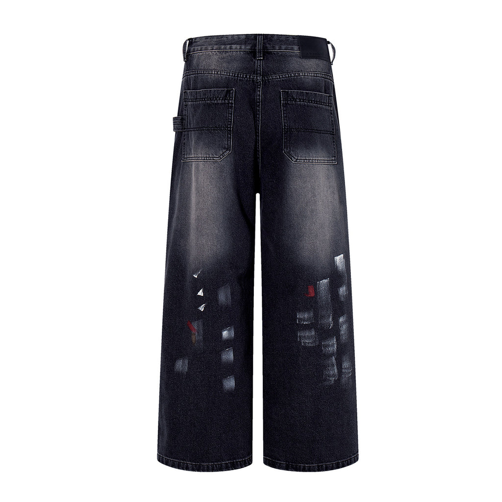 Washed graffiti jeans wide leg pants