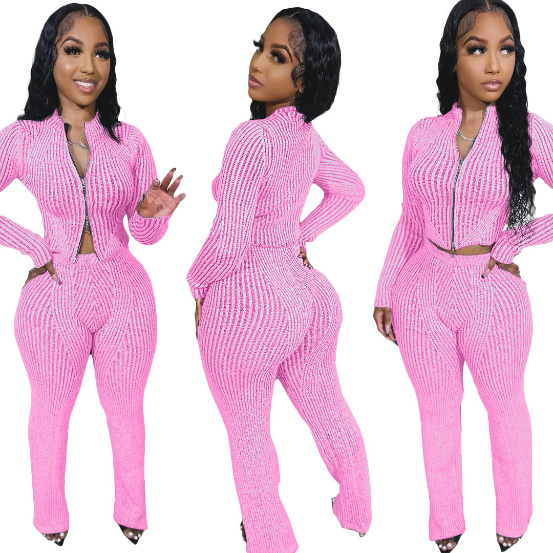 Fashionable Casual Women's Knit Sweater with Two-Way Zipper Urban  Autumn/Winter Outfit Set