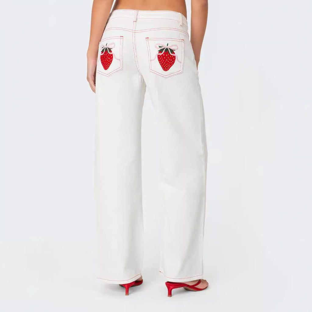Denim bow strawberry patch straight leg low waist loose jeans