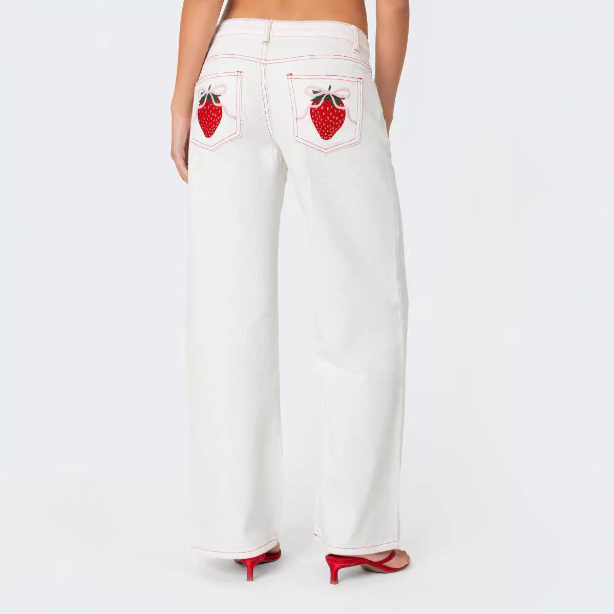 Denim bow strawberry patch straight leg low waist loose jeans