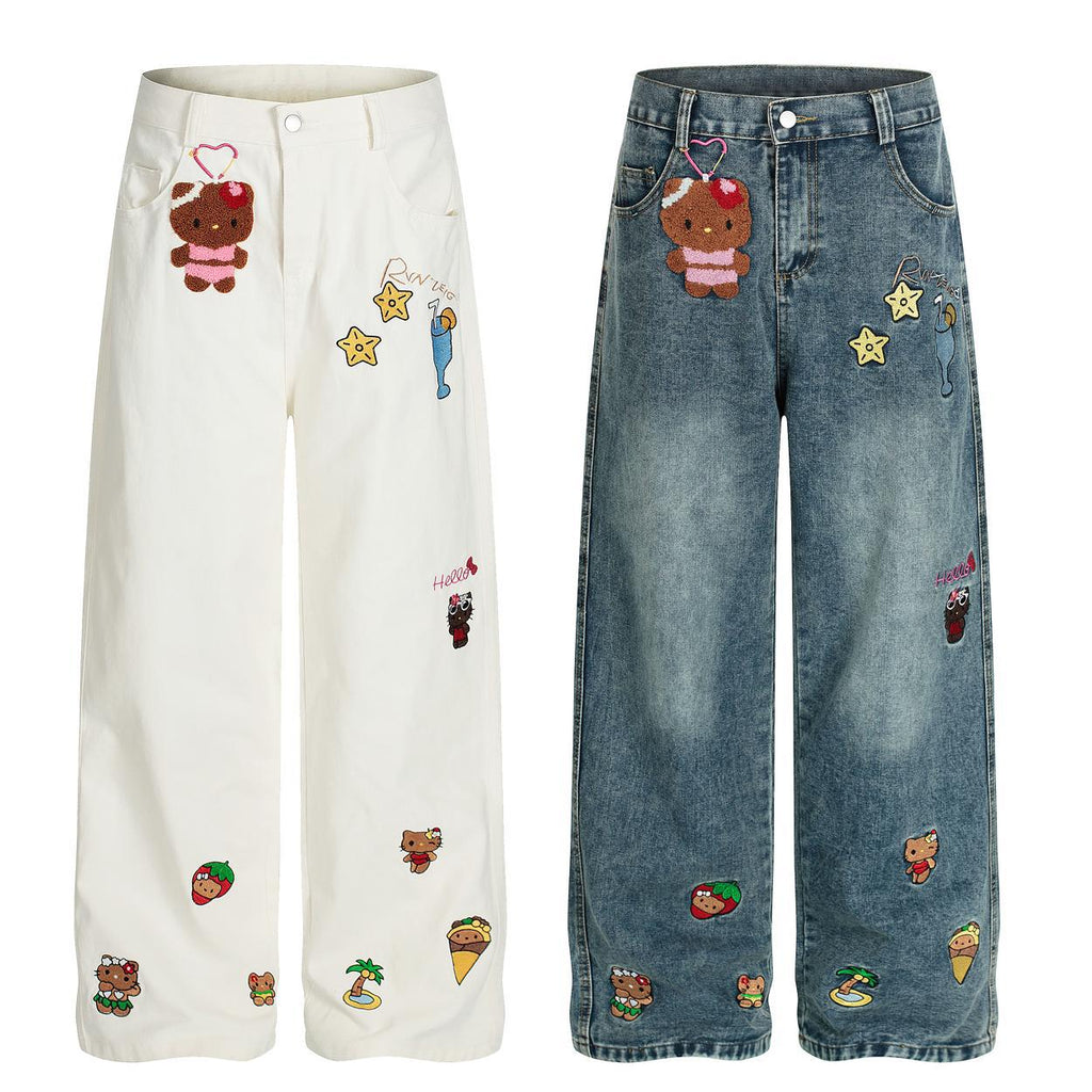 Black leather Kitty cat embroidered vintage jeans
