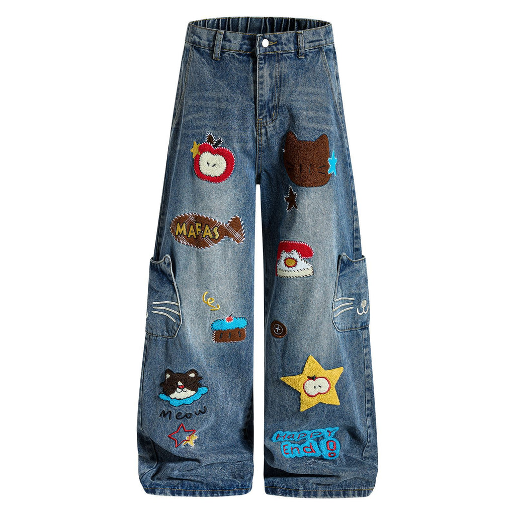 Fun Cartoon Washed Multi-Pocket Design Wide-Leg Jeans