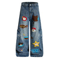 Fun Cartoon Washed Multi-Pocket Design Wide-Leg Jeans