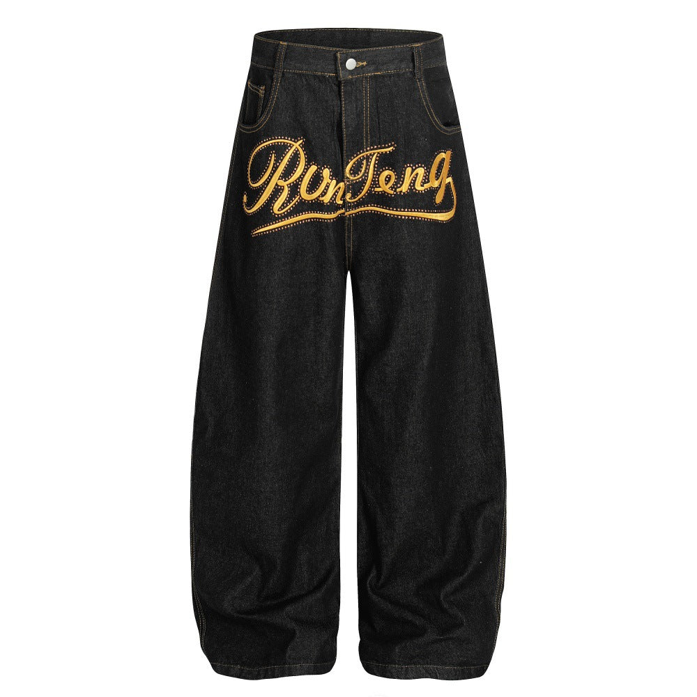 Hot stamping letter embroidery curved knife jeans
