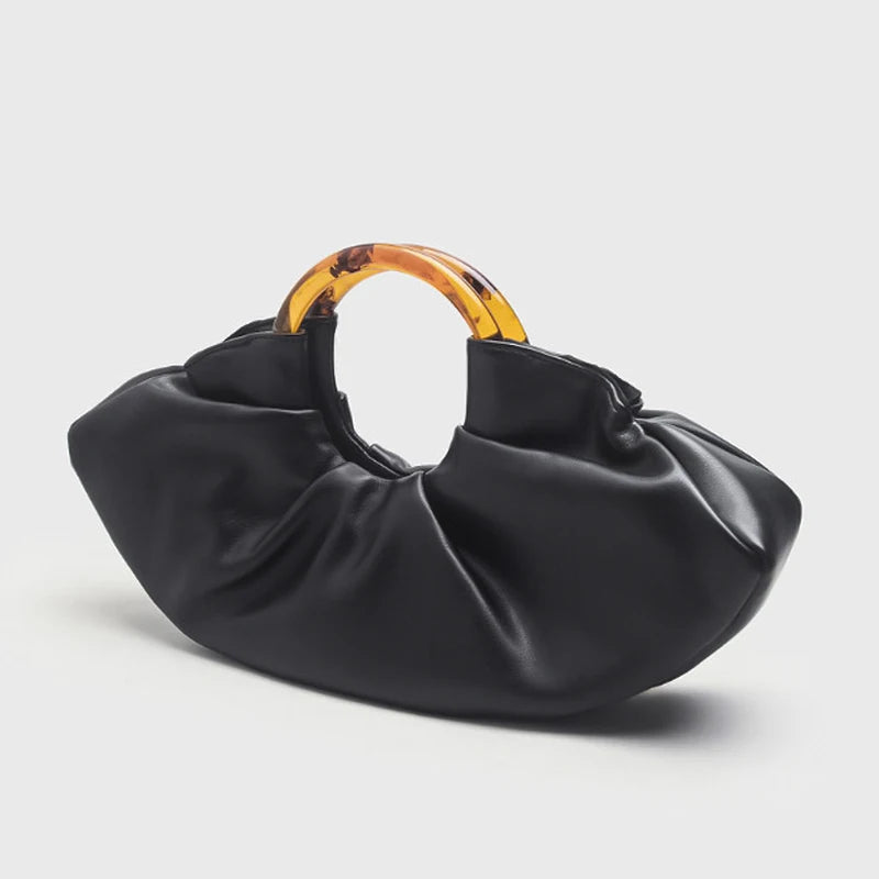 Pleated PU Leather Women Top Handlde Purse Dumpling Ruched Clutch Bag Designer Handbag Chic Fashion Phone Pouch