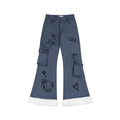 Flared Jeans with Cartoon Embroidery Multi-Pocket Raw Hem Long Pants
