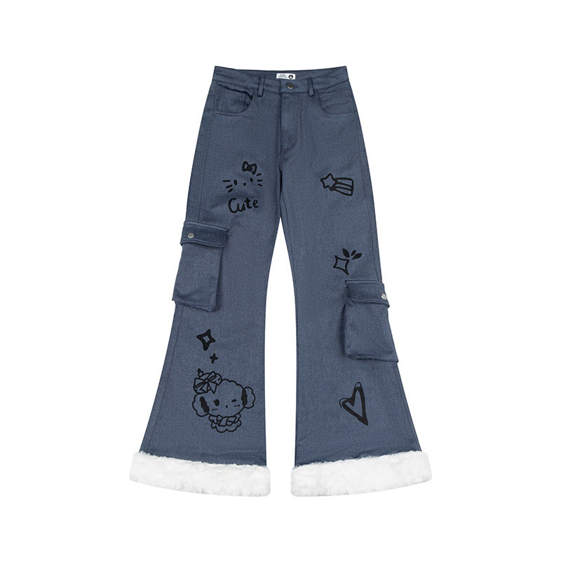 Flared Jeans with Cartoon Embroidery Multi-Pocket Raw Hem Long Pants