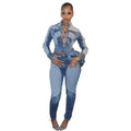 Fashionable Sexy High-ElasticWashed Denim Casual Two-Piece Set for Women