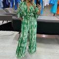 Style Printed Five-Quarter Sleeve V-Neck One-Piece Jumpsuit