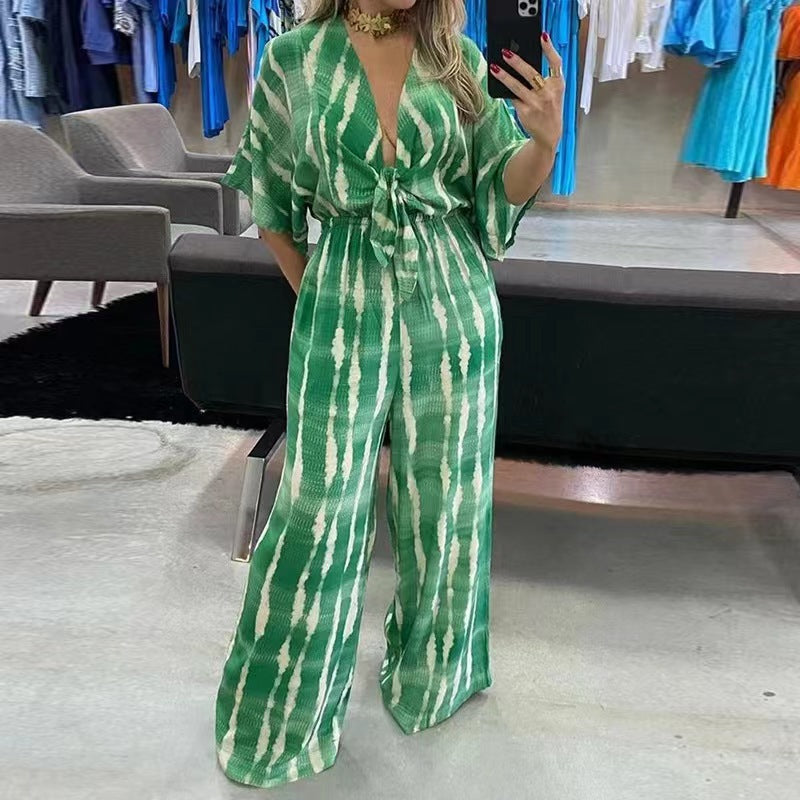 Style Printed Five-Quarter Sleeve V-Neck One-Piece Jumpsuit