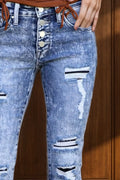 Distressed Button-Fly Bootcut Jeans with Pockets