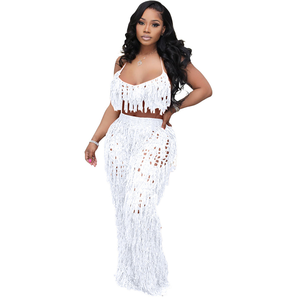 Urban Style Sexy Sheer Knit Hand-Knit Tassel Beach Set