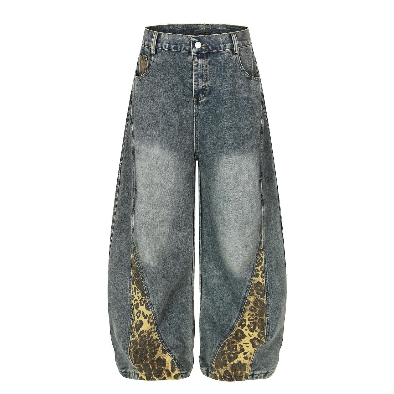 Retro leopard print patchwork hanging wide leg jeans
