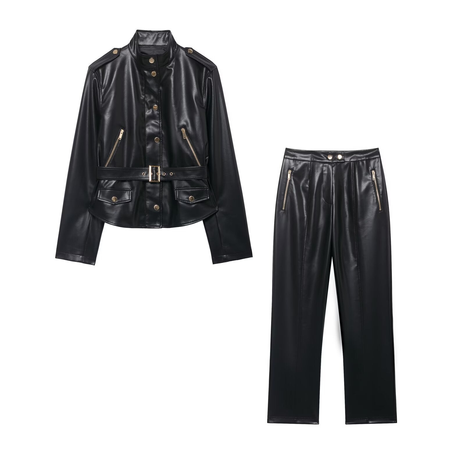 Imitation leather jacket+flared pants women's clothing