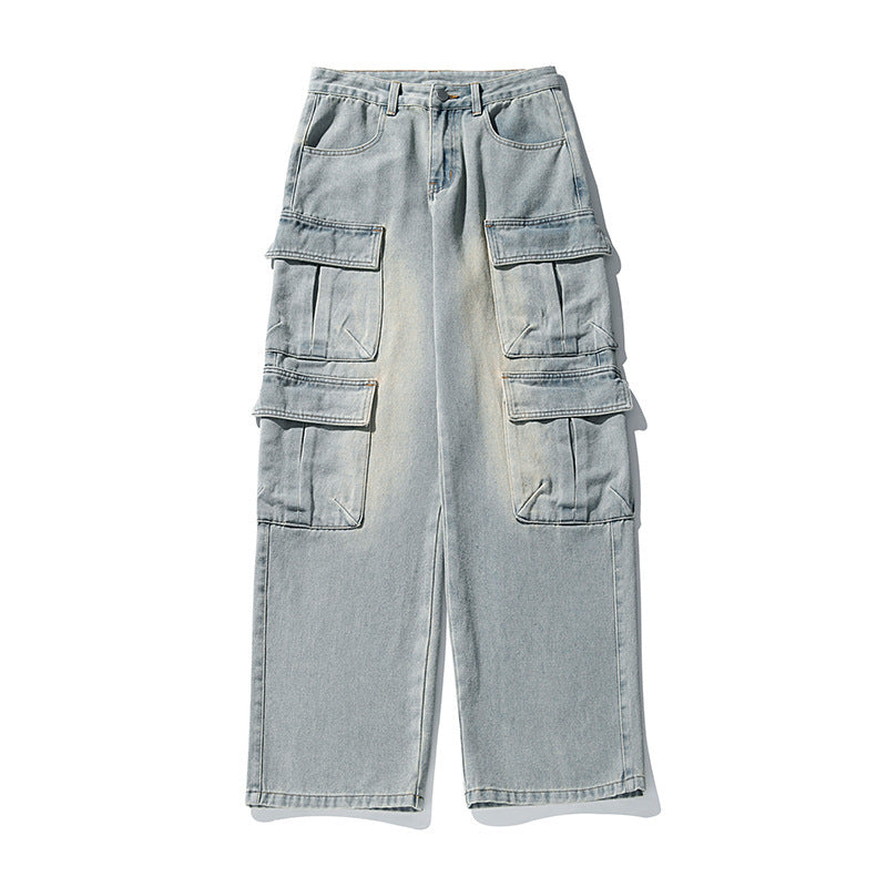 Women's workwear style distressed washed denim jeans