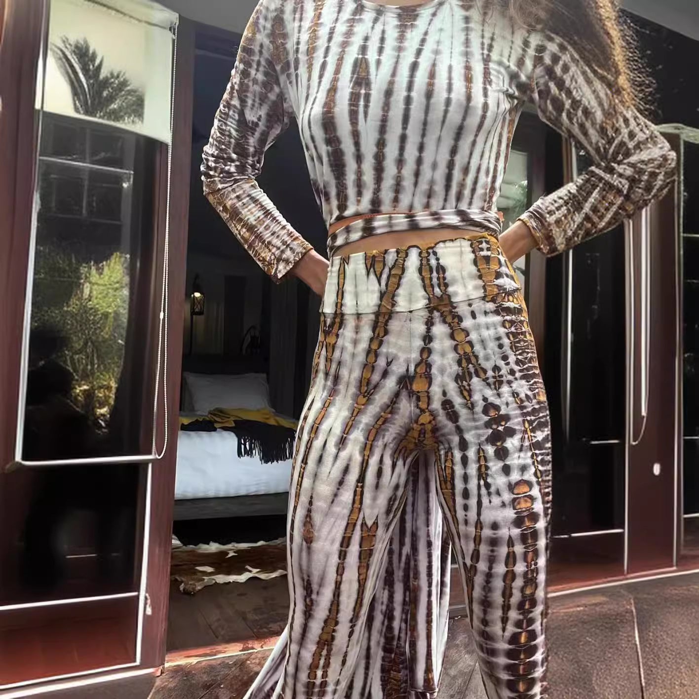Printed Long Pants with Burnout Pattern, Slim Fit, Fashion Style Long Trousers