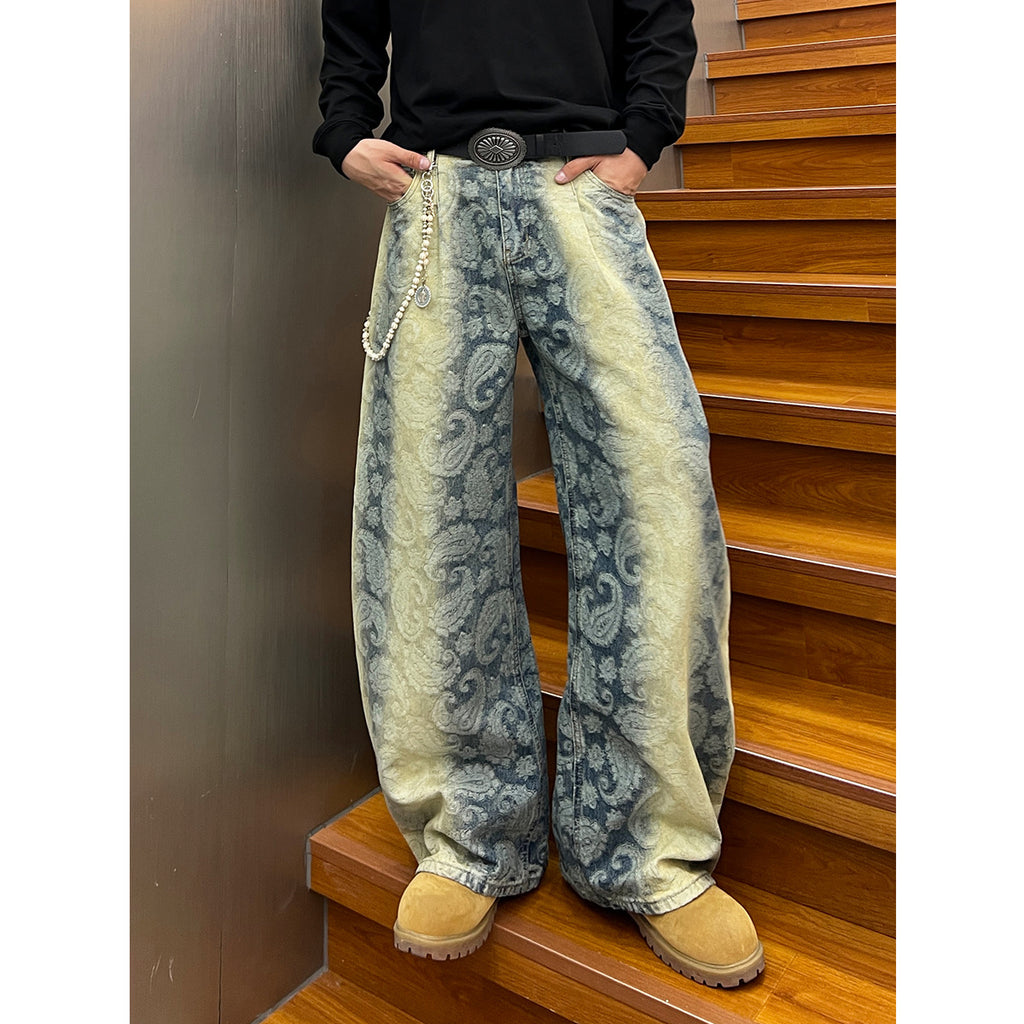 Jacquard gradient washed denim jeans with curved edges and wide legs