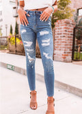 High waisted ripped elastic small leg jeans for women