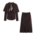Women's Knit Three-Piece Set with Scarf Sleeve Top and Matching Pants
